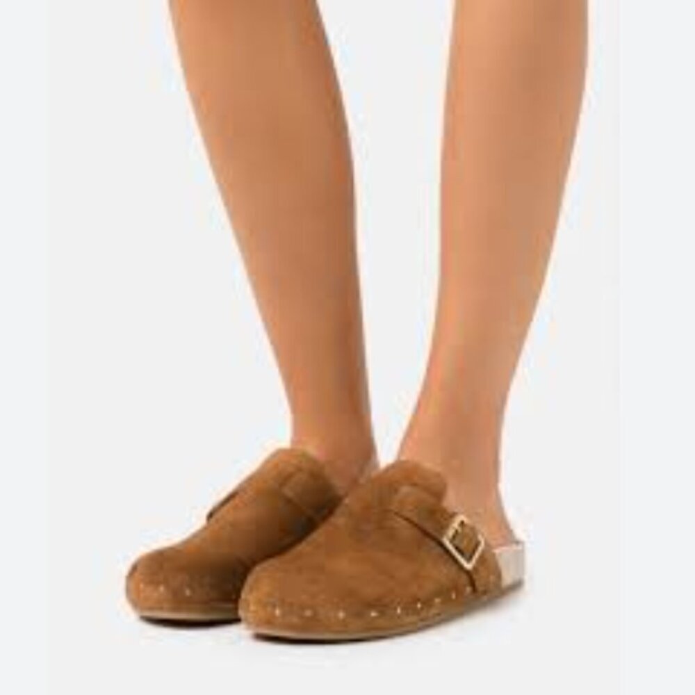 Loeffler Randall Jayden Studded Suede Buckle Clogs Brown Size 12